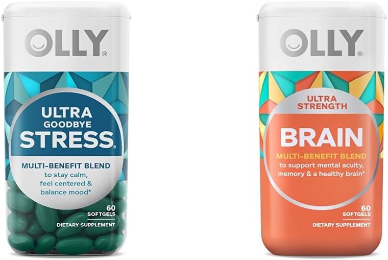OLLY Ultra Strength Goodbye Stress Softgels, GABA, Ashwagandha, L-Theanine and Lemon Balm & Ultra Strength Brain Softgels, Nootropic, Supports Healthy Brain Function, Memory