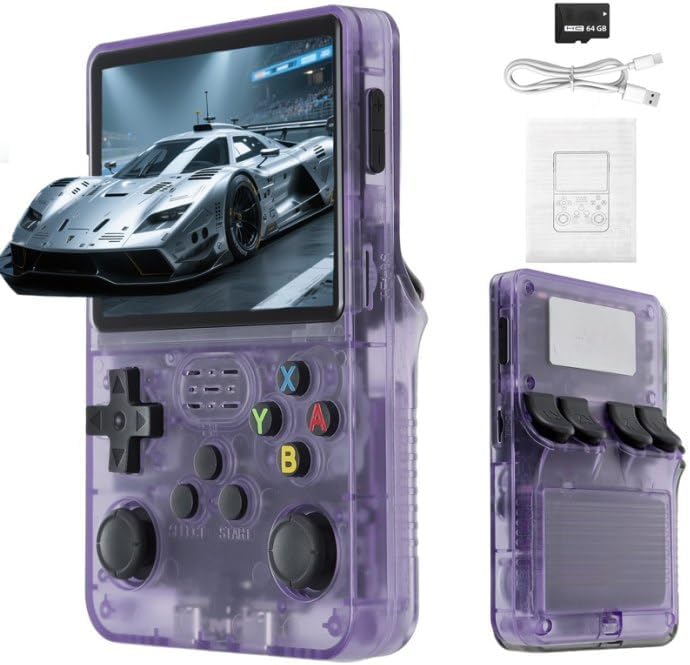 R36S Handheld Retro Gaming Console, 64G with 20000 + Built - in Games, 21 Emulators, 3.5” IPS Screen, Linux System, Portable Mini Emulator for Kids & Adults (Purple)