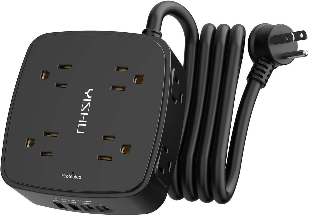 6 Ft Surge Protector Power Strip - 8 Widely Outlets with 4 USB Ports, 3 Side Outlet Extender with 6 Feet Extension Cord, Flat Plug, Wall Mount, Desk USB Charging Station, ETL,Black