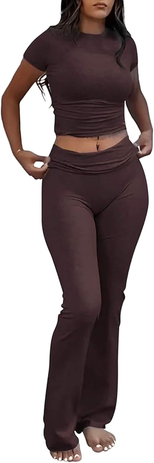 Women's 2 Piece Lounge Outfits Slim Short Sleeve Tops Low Rise Flare Leggings Sets Yoga Sweatsuit