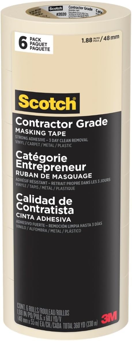 Scotch Painter's Tape Contractor Grade Masking Tape, 6 Rolls, 1.88 in x 60.1 yd, Holds to Surfaces For Up to 3 days, Removes Easily Without Leaving Sticky Residue, Interior & Exterior Use (2020-48TP6)