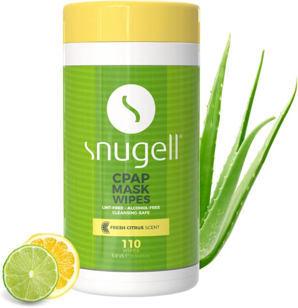 Snugell Citrus Scented CPAP Mask Wipes – 110 Count – 100% Soft Cotton, Lint-Free, Alcohol-Free – Skin-Safe Formula with Aloe Vera – Easy-Open Canister for Cleaning CPAP Masks, Tubes, and Devices