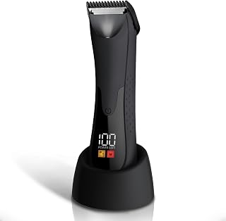 Groin Hair Trimmer - Electric Manscape Trimmer for Men, Waterproof Ball Trimmer for Pubic/Body/Groin Grooming with Ceramic Blade, LED Light, Charging Base