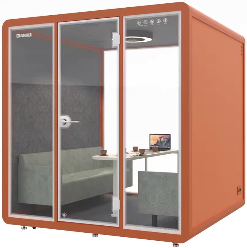 Indoor privated Office Meeting Booth with Computer Desk for Private Working Movable Silence soundproof Booth Office pod Phone Calling (Orange, 86.2 x 86.6 x 90.5 Inch)