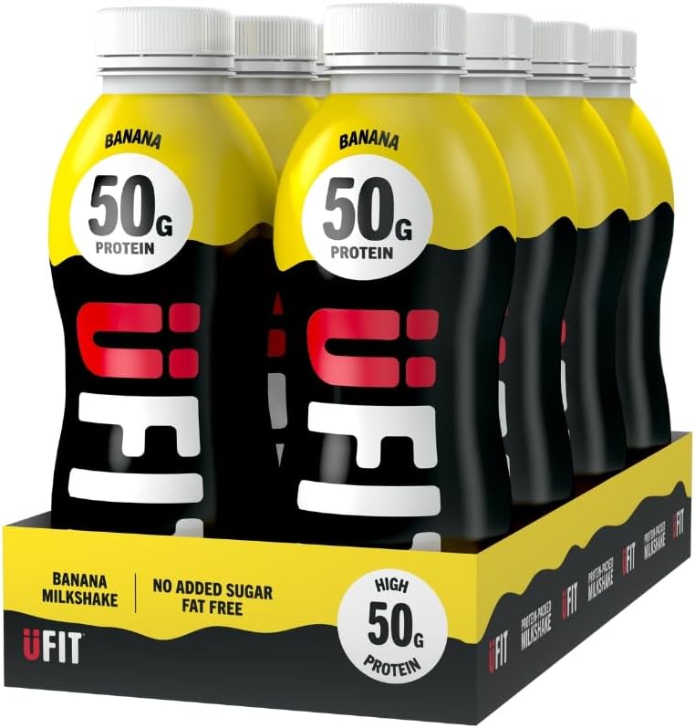 UFIT High 50g Protein Shake (8 x 500 ml) - Banana Flavour - No Added Sugar- High in Protein - Low in Fat - Gut Friendly - Ready to Drink - Packaging May Vary