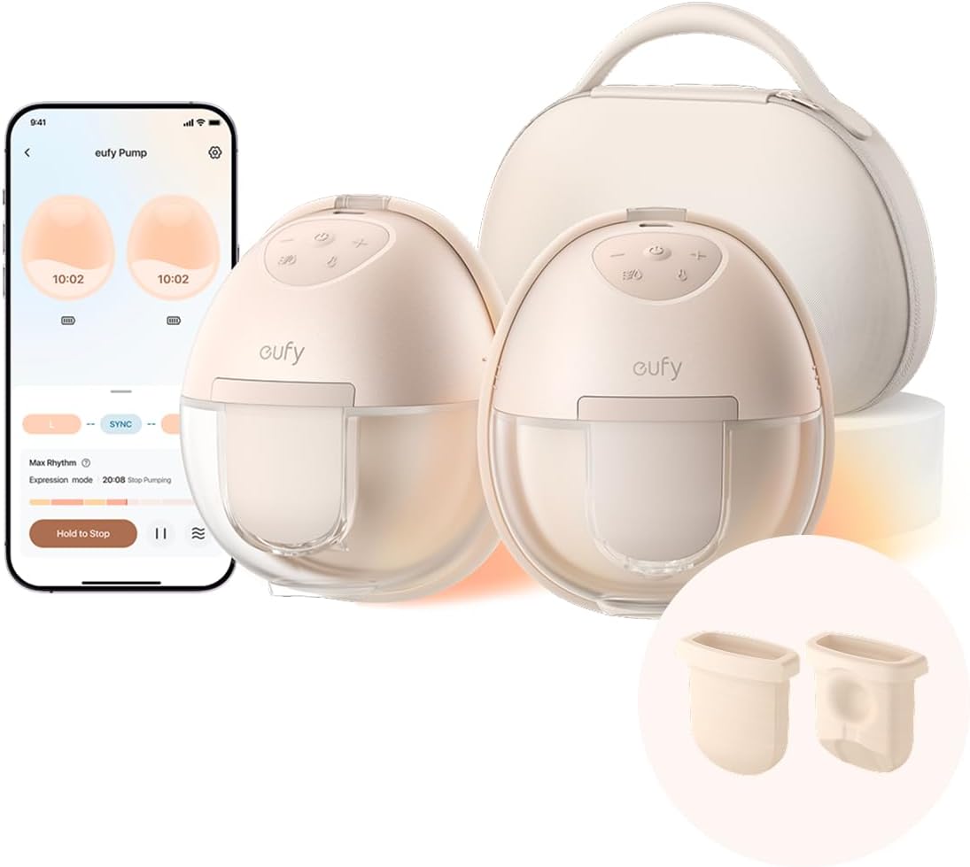 eufy Heated Wearable Breast Pump S1 Pro with Original Diaphragm (2-Pack), Slim Hands-Free Breast Pump with Industry-Leading HeatFlow™ Tech, Wireless Charging Case, App-Controlled OptiRhythm™