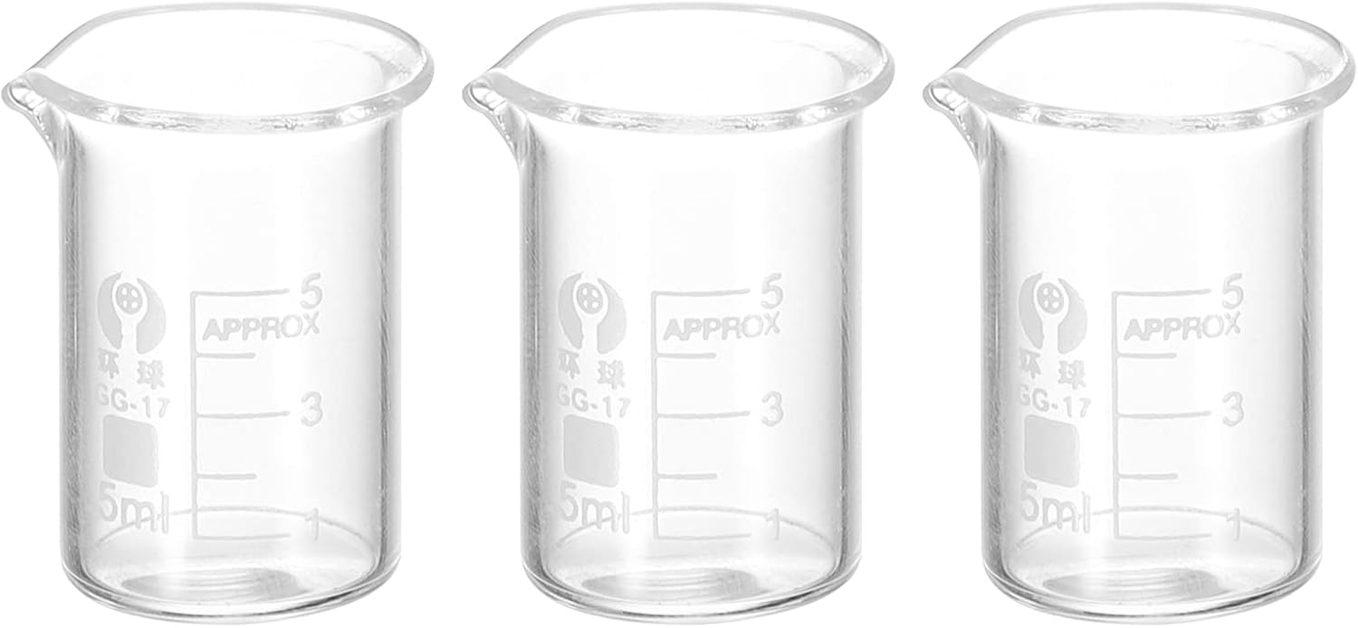 PATIKIL 3Pcs 5ml Low Form Glass Beaker, 3.3 Borosilicate Glass Graduated Printed Scale Measuring Cups with Spout for Kitchen Lab Liquids