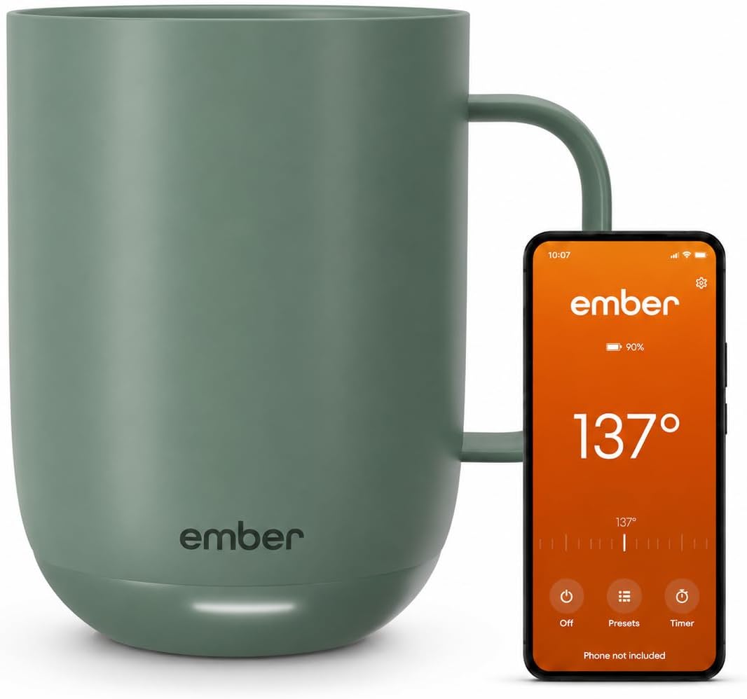 Ember Temperature Control 14oz Smart Mug 2, App-Controlled and Rechargeable Heated Coffee Cup Warmer with Intelligent LED Display, Sage Green.