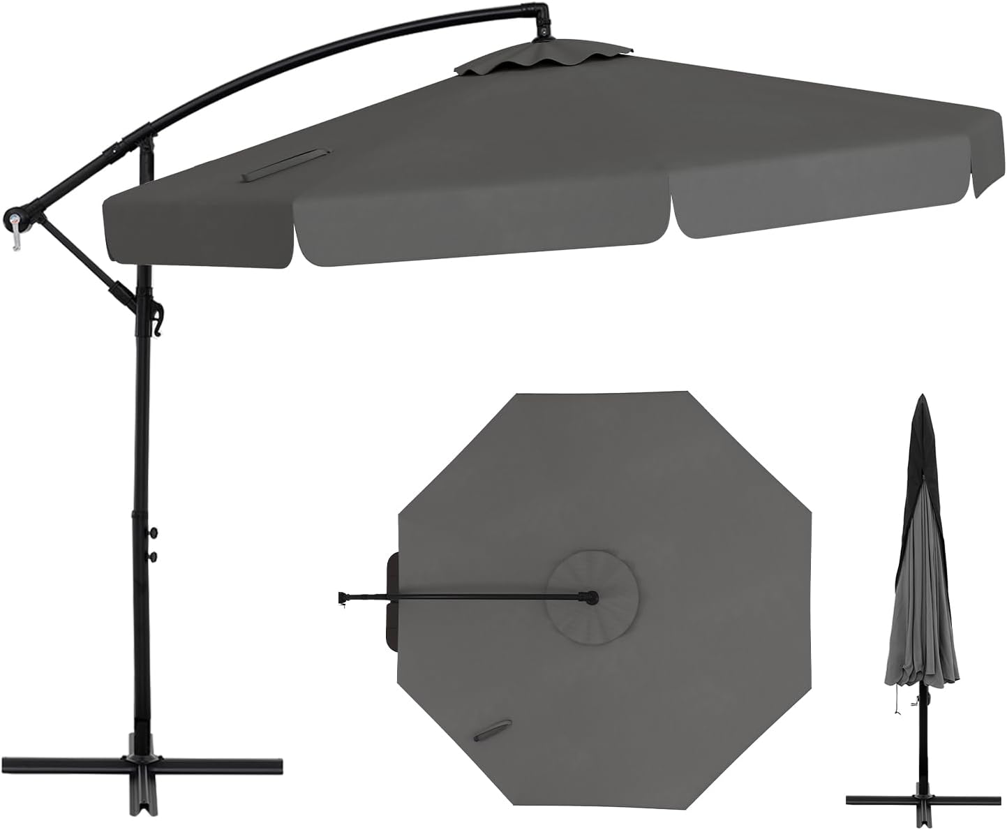 HAPPYGRILL 10FT Offset Hanging Umbrella with Cover, Patio Cantilever Umbrella with Easy Tilt Adjustment, Crank, 8 Ribs, Ruffled Edges, Outdoor Parasol for Poolside Garden