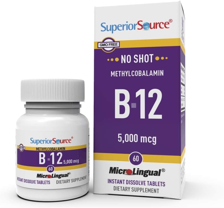 Superior Source No Shot Methylcobalamin B-12 5000 mcg - Vitamin B-12 to Support Energy Production, Brain Health & Overall Wellness - Sublingual Tablets for Fast Absorption - 60 Dissolving Tablets