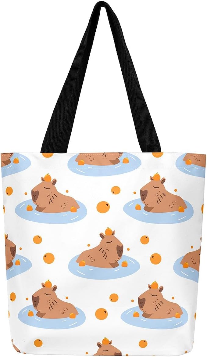 Homewish Kawaii Canvas Tote Bag for Women, Cartoon Animals Reusable Grocery Shoulder Bag