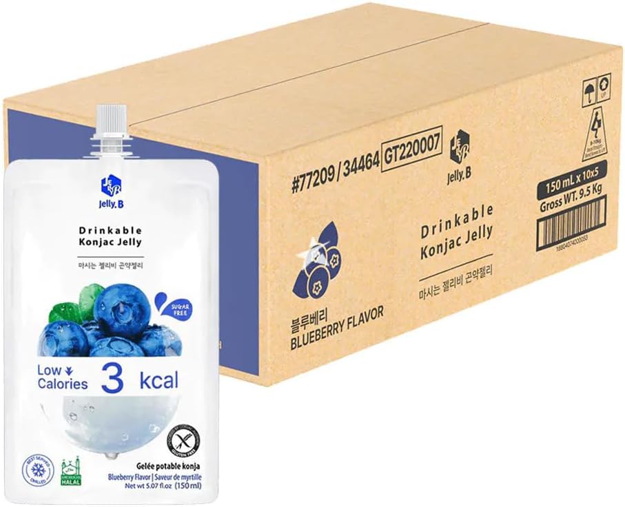 Jelly B Sugar Free Drinkable Jelly, Blueberry Flavour, Low‑Calorie, Halal & Gluten‑Free Pouch Drink, 150ml, Box of 50