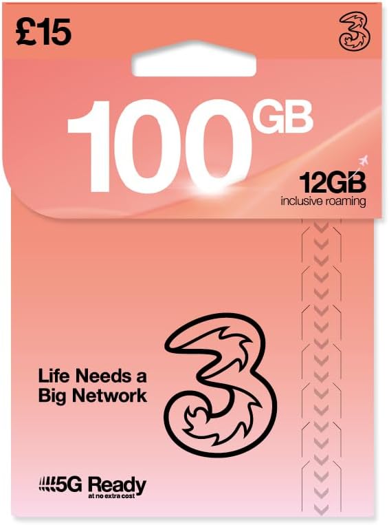 THREE 4G/5G SIM Card UK & ROAM FREE in over 70 destinations - PREPAID PAYG £15 Bundle - 75GB + (25GB FREE DATA) Unltd Texts & Mins - ROAMING ALLOWANCE 12GB