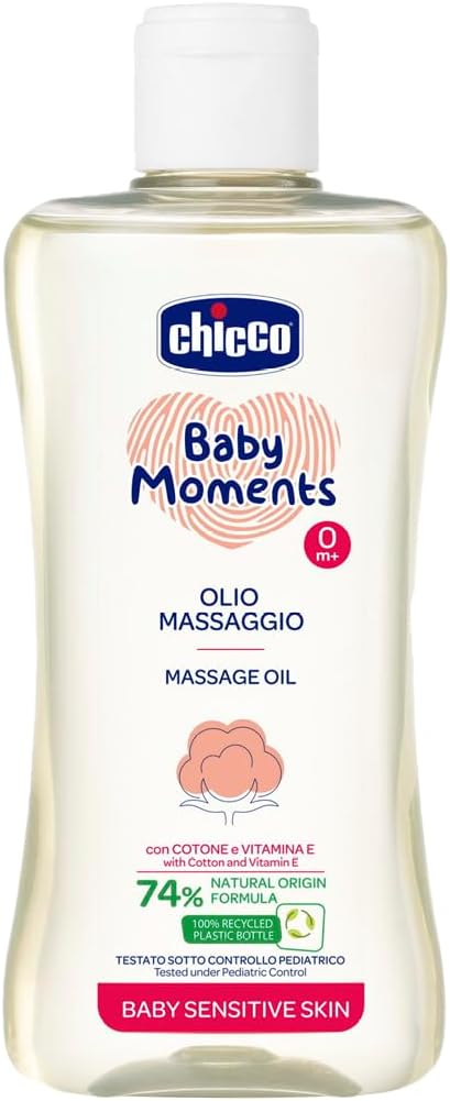 Chicco Baby Moments Massage Oil, 93% Natural Ingredients, Removes Cradle Cap, Dermatologically Tested, Safe for Sensitive Skin, 100% Recycled Plastic, 200ml, 00010242000000
