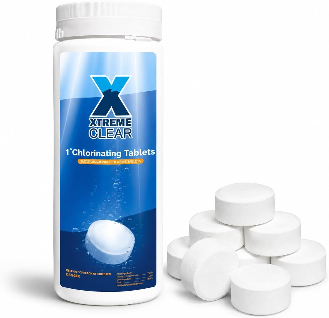 XtremeClear 1" Chlorine Tabs Swimming Pool Hot Tub & Spa Eliminate Bacteria & Algae Sanitizer Makes Water Clean & Crystal Clear Slow Dissolving 1.5lbs