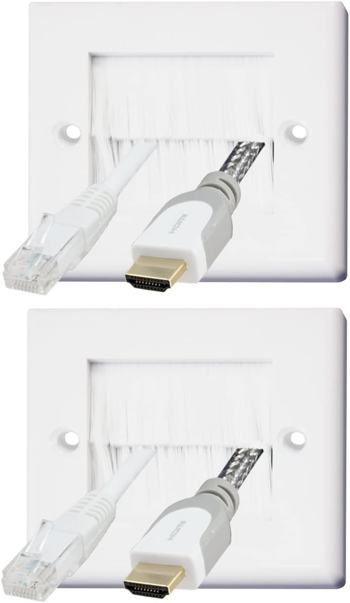 White Brush Single 1 Gang Wall Outlet Cable Entry Plate Tidy Mount Face Plate Wall Plate (2)