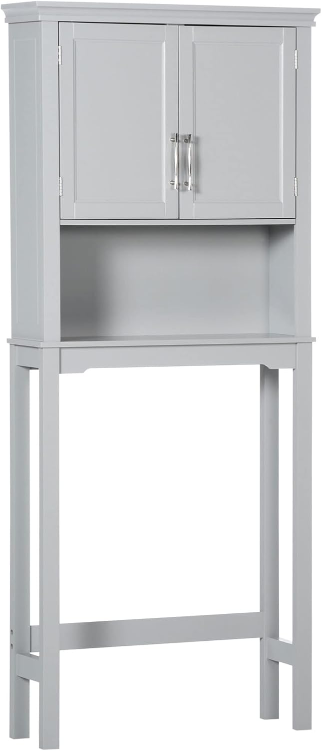 kleankin Modern Over The Toilet Storage Cabinet, Double Door Bathroom Organizer with Inner Adjustable Shelf and Open Shelf, Grey
