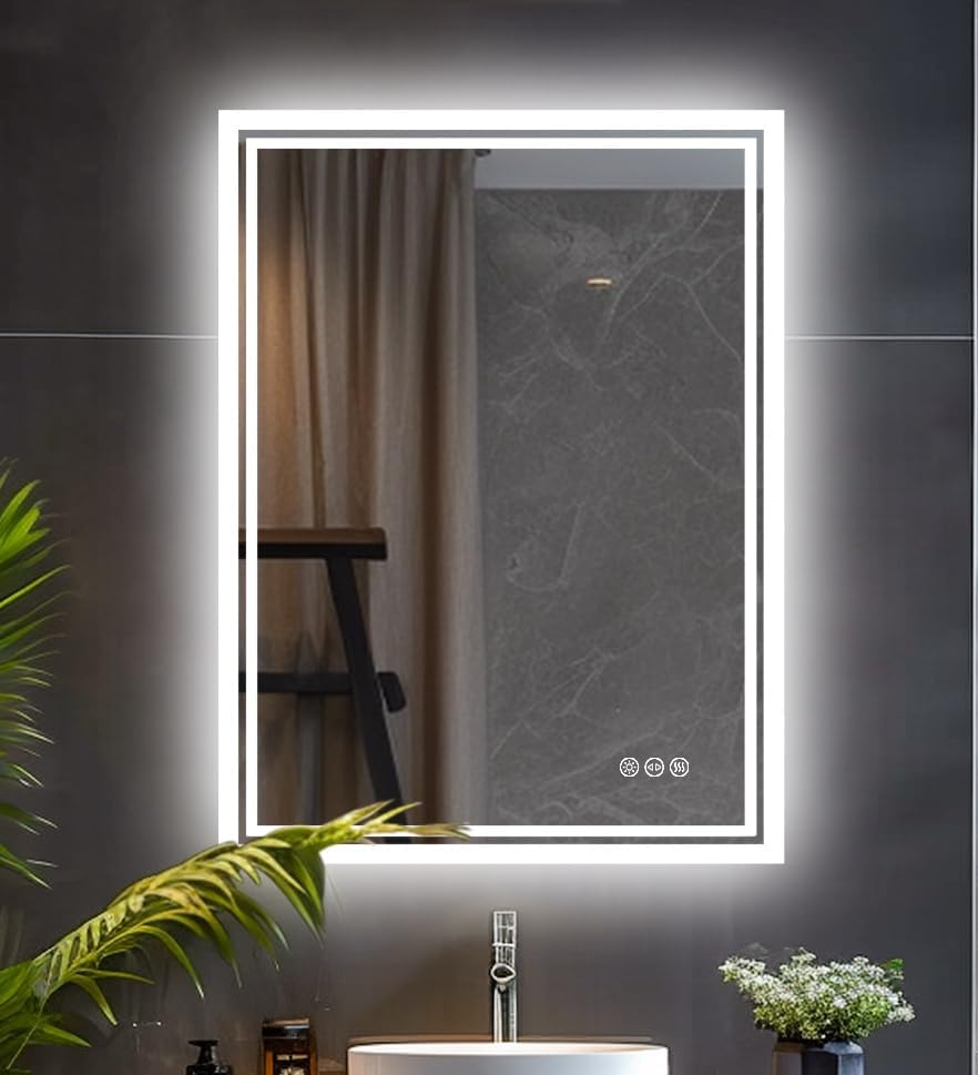 LUVODI Illuminated LED Bathroom Mirror: 500x700mm Dimmable Wall Mounted Vanity Mirror with Demister Pad Touch Sensor Backlit Lighted Rectangle Makeup Mirror, 3 Lighting Colors