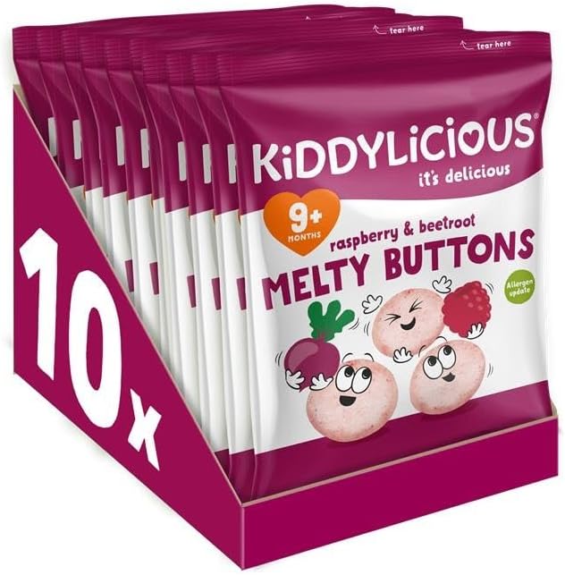 Kiddylicious Raspberry & Beetroot Melty Buttons - Delicious Snacks for Kids - Suitable for 9+ Months - 10 packs