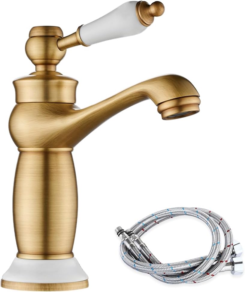 Retro Bathroom Sink Tap, Victorian Bathroom Basin Mixer Tap, Antique Brass | Luxury Vintage Faucet for Cloakroom, Ceramic Handle & Base, Flexible Tails