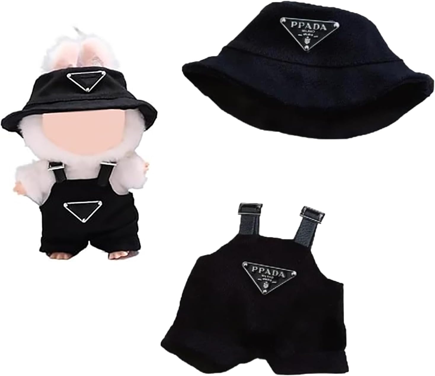Clothes for Labubu(NO Doll) , Hat & Overalls Set for Labubu Clothes 15cm/17cm Doll Accessories Suit, Doll Outfit Stylish Doll Clothes for Doll (Black)
