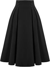 Belle Poque Women Vintage Skirt High Waist Pleated Skirt Midi A-Line Skirt with Pockets