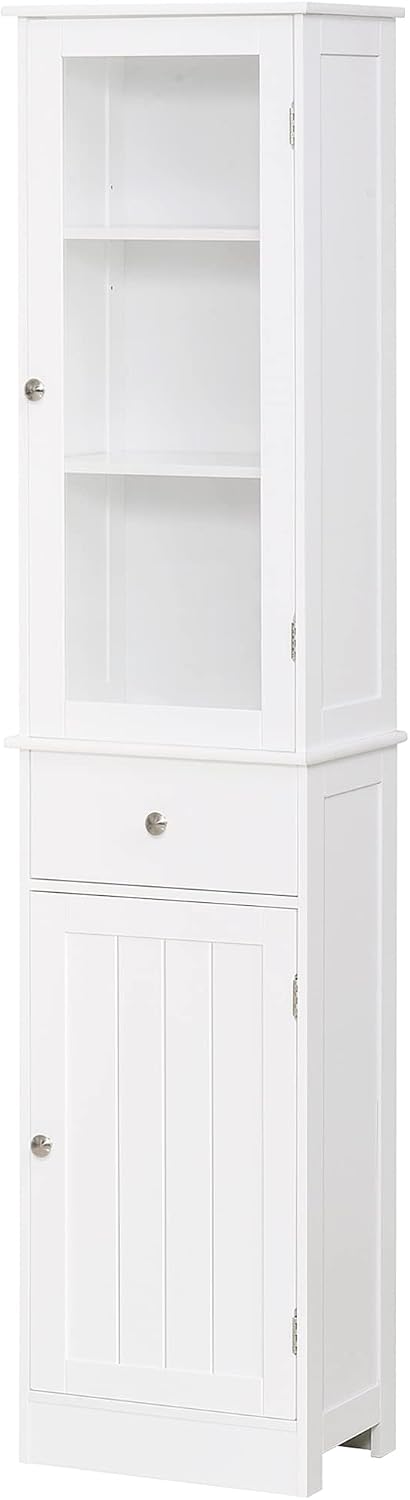 kleankin Slim Bathroom Storage Cabinet, Tall Bathroom Cabinet, Narrow Linen Tower with Acrylic Door, Drawer and Shelves, White
