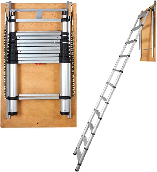 VEVOR Attic Ladder Telescoping, 350-pound Capacity, 39.37" x 23.6", Multi-Purpose Aluminium Extension, Lightweight and Portable, Fits 9.8'-10.5' Ceiling Heights, Convenient Access to Your Attic Standa