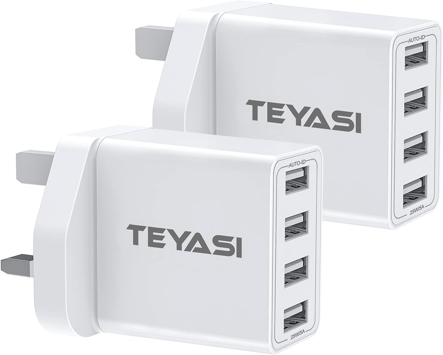 2 Pack USB Plug Adaptor UK, Multi USB Charger Plug UK 4 Port 3 Pin Wall Charger, Multiple Mains Charge Power Adapter Fast Charging for iPhone 14 13 12 11 10 XS Max XR X 8 7 6