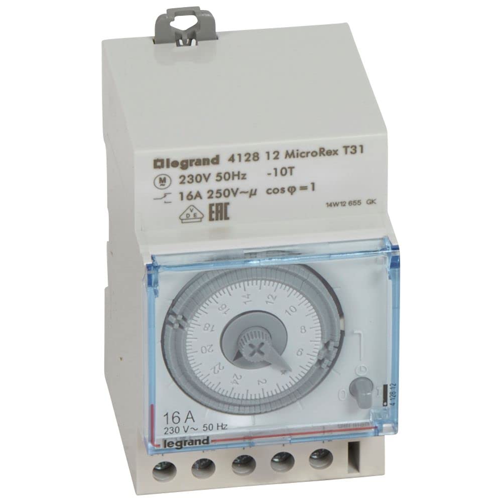 Legrand 412812 MicroRex T31 Mechanical Clock Timer with 24-Hour Programme (Series Mounting Timer for Top Hat Rail, 3-Module)