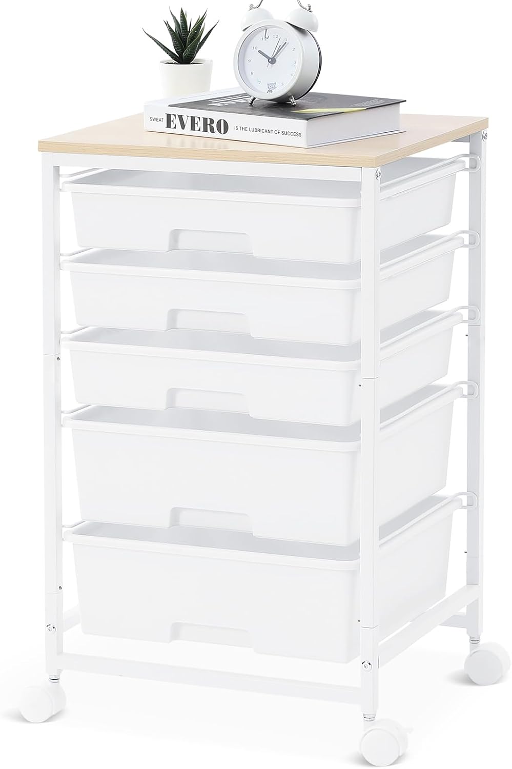 SYKIARIOL Storage Trolley with 5 Plastic Drawers, Rolling Storage Cart on Wheels, Multipurpose Utility Cart Organizer Unit for Living Room,Bedroom,School,Beauty, Easy Movement, White