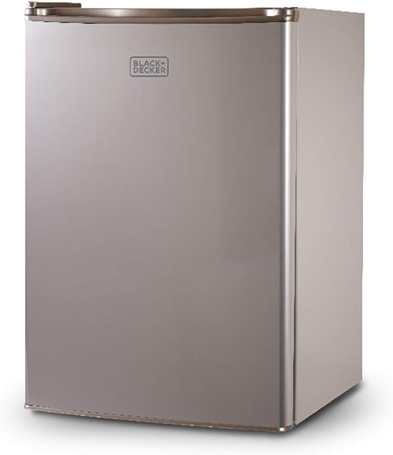 BLACK+DECKER 2.5 Cu. Ft. Compact Refrigerator, ENERGY STAR Certified Small Refrigerator, Single Door Mini Fridge with Freezer, Personal Fridge for Home/Dorm Room, R600a Refrigerant, VCM Stainless Look