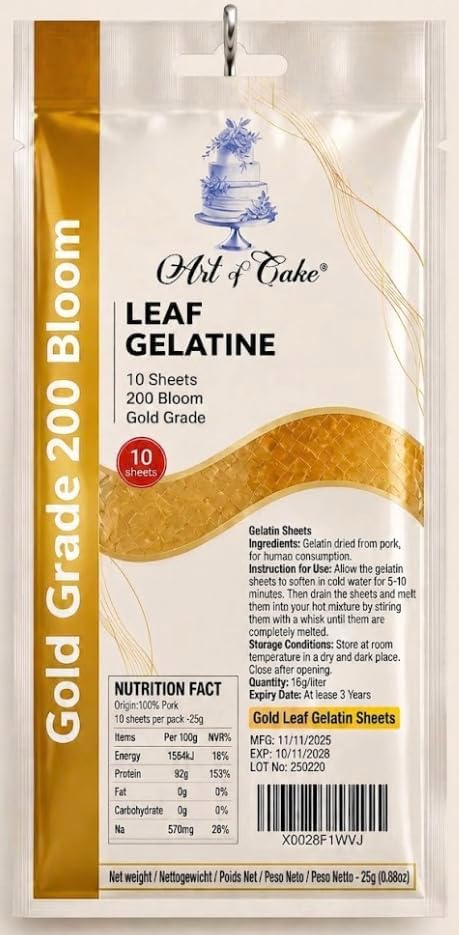 Art of cake® Gelatine Leaf Sheets (10 Sheets of GOLD standard gelatin sheets)-Pork 25g