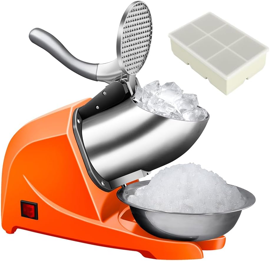 4-Blades Ice Shaver Machine with Ice Tray for Home and Commercial-Orange | 304 Stainless Steel;200lbs/hr Ice Crusher;Anti-Splash Design
