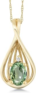 Gem Stone King 10K Yellow Gold Green Sapphire and White Diamond Teardrop Pendant Necklace For Women (0.55 Cttw, Gemstone September Birthstone, Oval 6X4MM, with 18 Inch Chain)