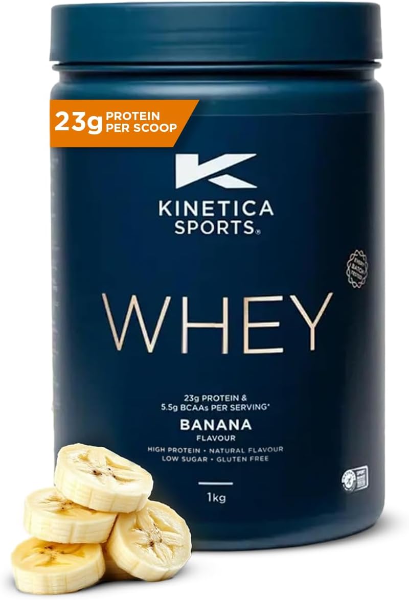 Kinetica Sports Whey Protein Powder - Banana, 1 Kg, 33 Servings | 23g Protein, 5.5g BCAA Amino Acid & 4.32g Glutamine | Recovery Shake for Optimum Nutrition | WADA & Informed Sport Approved