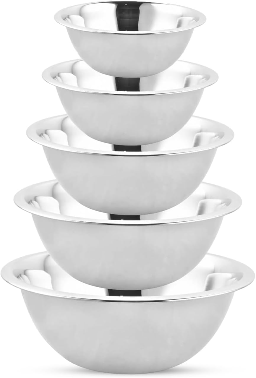 EVOKK Mixing Bowl Set 5 Stainless Steel Mixing Bowls (16,18, 20, 24, 26cm), Mirror Polished, Durable and Lightweight, Nesting Metal Mixing Bowls for Baking, Cooking & Food Prep, Dishwasher Safe