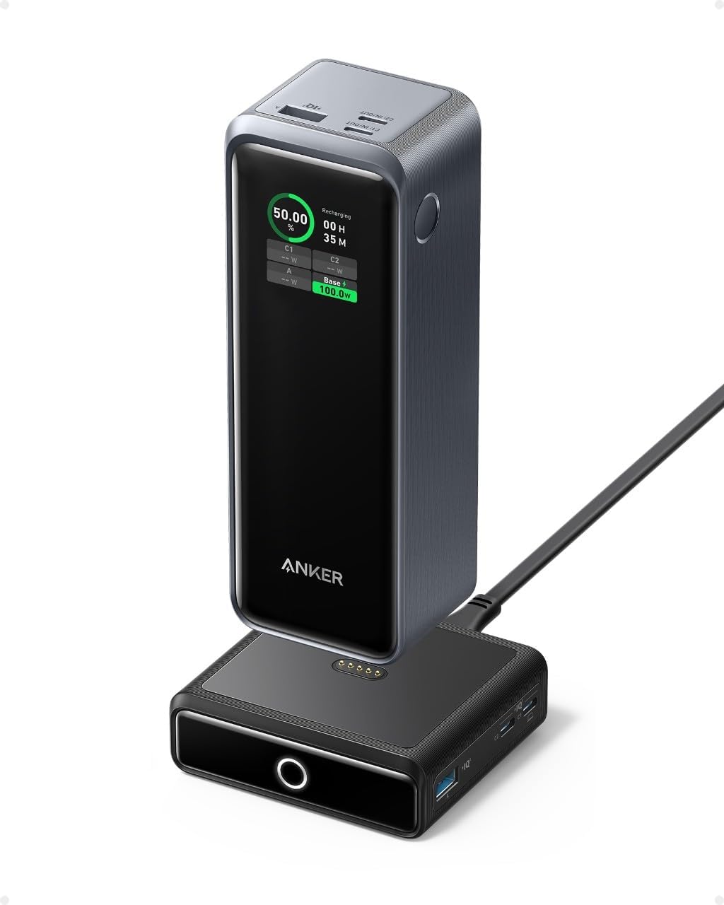 Anker Prime 27,650mAh Power Bank (250W) with 100W Charging Base, 3-Port Portable Charger, Smart App, Compatible with iPhone 14/13/12 Series, Samsung, Dell, AirPods, and More