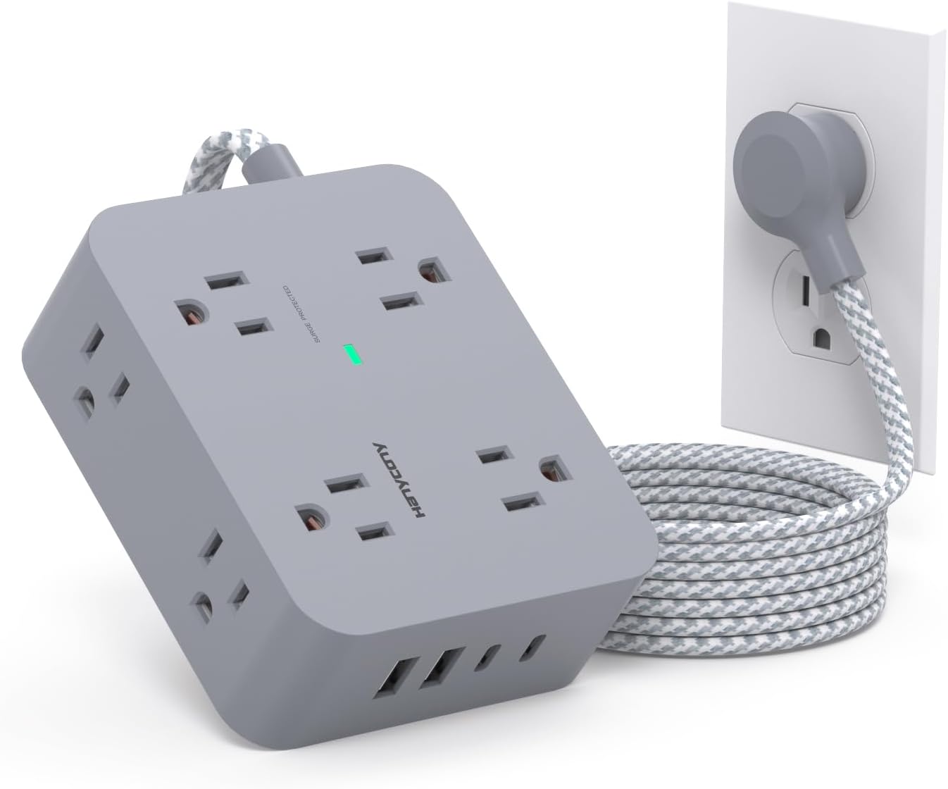 Power Strip with USB C Ports(2 USB C), HANYCONY 8 Outlets Surge Protector with 5 Ft Extension Cord, Flat Plug Wall Mount, Desk Charging Station for Home Office, ETL Listed Gray