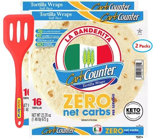La Banderita Carb Counter Zero Net Carbs 8" Flour Soft Taco Tortilla Family Pack, 16 ct. - 2 Packs (32 Tortillas) with ValorServe™ Mini Kitchen Utensil - Keto Friendly Low Carb Tortillas