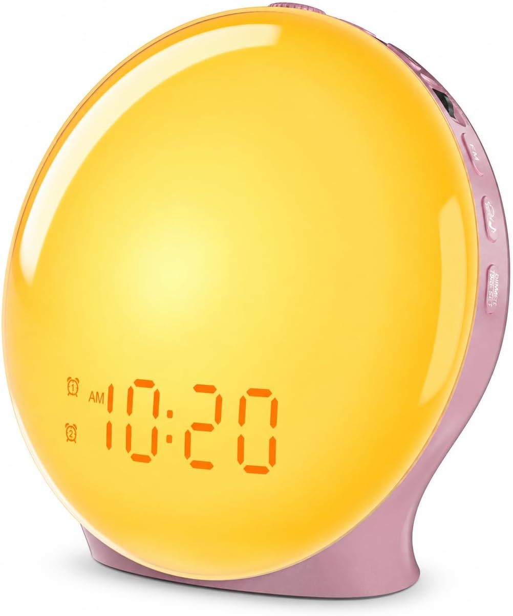JALL Full-Screen Wake Up Light Sunrise Alarm Clocks for Bedrooms, White Noise Machine for Heavy Sleepers, 25 Natural Sounds, Dual Alarms, FM Radio, 17 Dimmable Colors, Bluetooth Speaker, Metallic Pink
