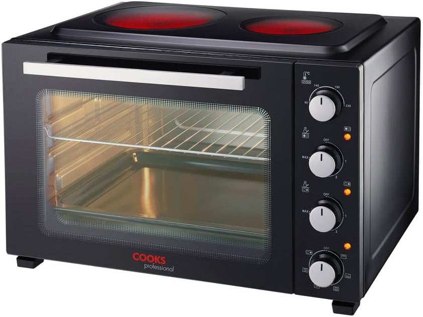 Cooks Professional Mini Portable Oven with Ceramic Hobs | Energy Efficient Electric Countertop Cooker with Two Hot Plates & Wire Rack Baking Tray | Kitchen Grill Ovens | 48L Capacity | Black & Silver