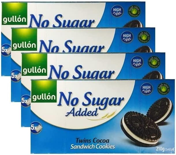 Gullon No Sugar Added Twin Cocoa Sandwich Cookies l Biscuit Hamper and Multipacks Available - Perfect for Giftingl 210g (4 Pack)
