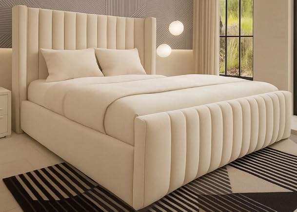 Royal Wiingback Bed Frame | Single Double King SuperKing Size | Fully Upholstered Luxury Bed | Optional Gas Lift & Mattress (Cream Plush, King 5ft with Mattress)