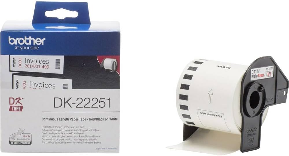 Brother DK-22251 Label Roll, Continuous Length Paper, Black/Red on White, Single Label Roll, 62mm (W) x 15.24M (L), Brother Genuine Supplies