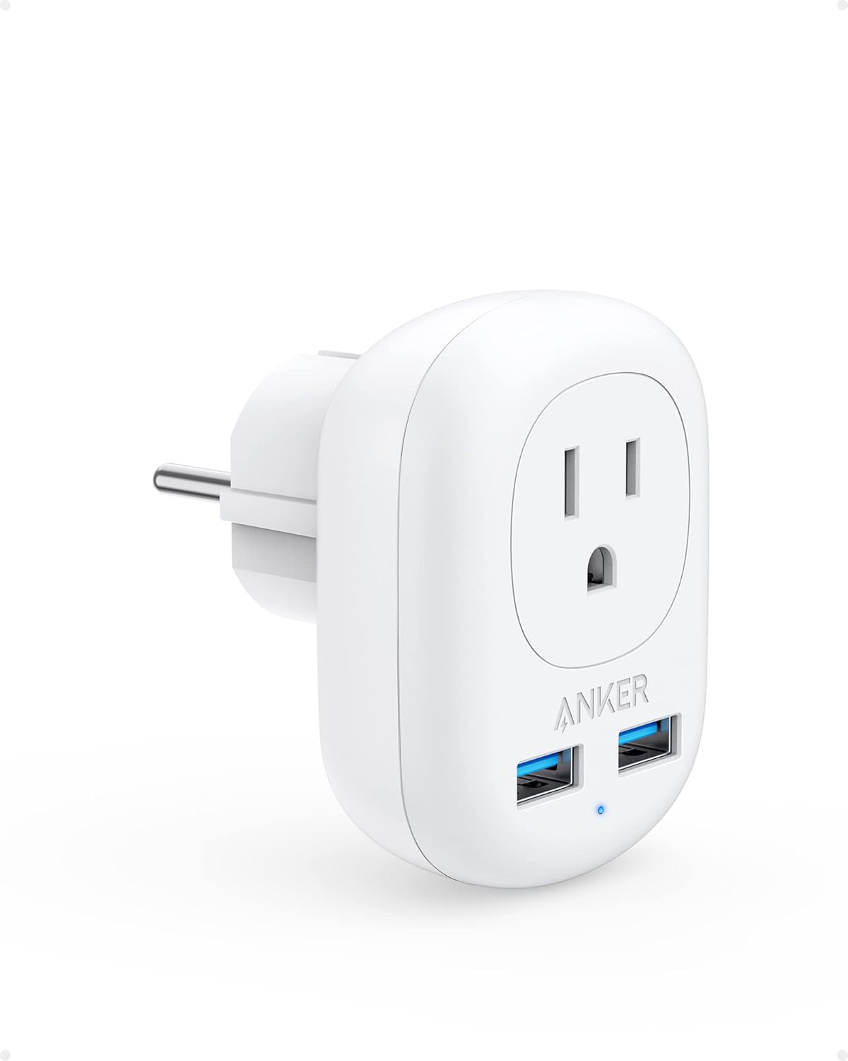 Anker International Power Adapter European Travel, PowerExtend USB Plug with 2 USB Ports and 1 Outlet, US to Most of Europe EU Spain Iceland Italy France Germany, Compact for Travel, Office