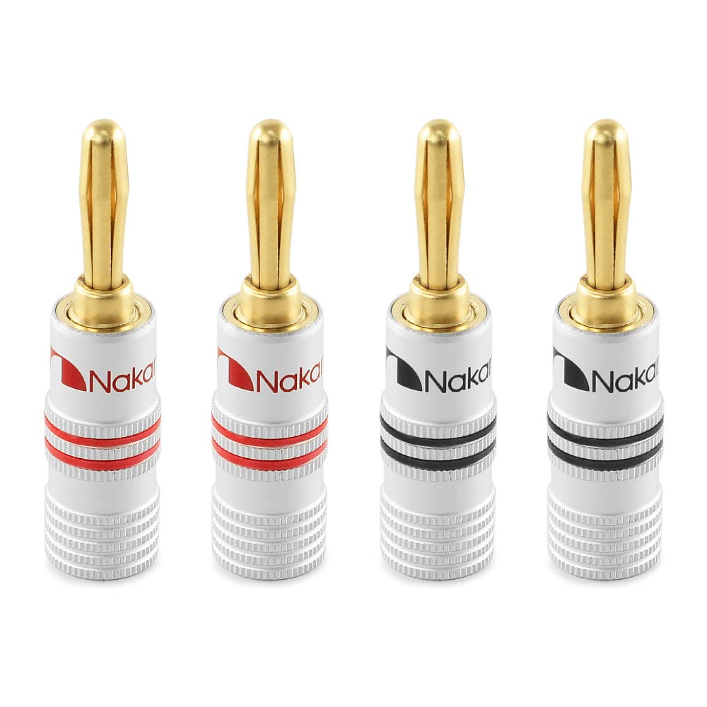 Nakamichi Excel Series 24k Gold Plated Banana Plug 12 AWG - 18 AWG Gauge Size 4mm for Speakers Amplifier Hi-Fi AV Receiver Stereo Home Theatre Audio Wire Cable Screw Connector 4 Pcs (2-Pairs)
