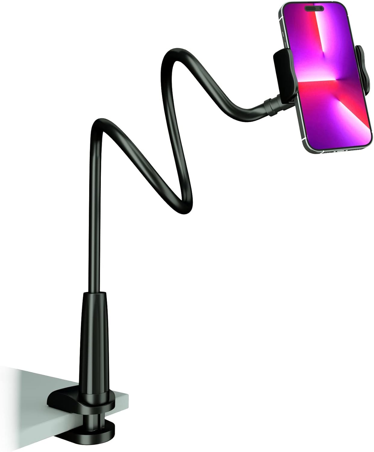 MAGIPEA Cell Phone Clip Bed Stand Holder, with Grip Flexible Long Arm Gooseneck Bracket Mount Clamp for Desk, Compatible with iPhone 17/16 Pro Max, 15, 14 or Other 3.5-7" Devices (Black)