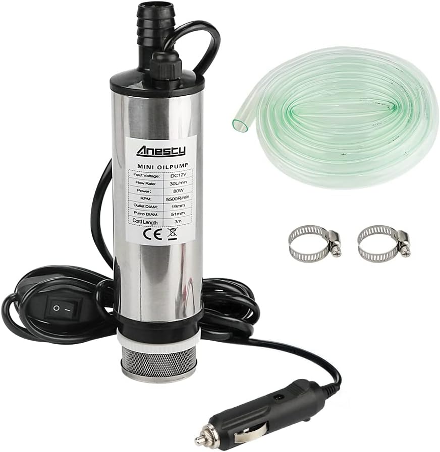 Anesty Water Pump Diesel Fuel Transfer Pump DC 12V Φ51mm for Water Oil Liquid Diesel, Stainless Steel Submersible Pump with Cigarette Plug, Filter Removable | 3 Meter Power Cord + Hose, Hose Clamps
