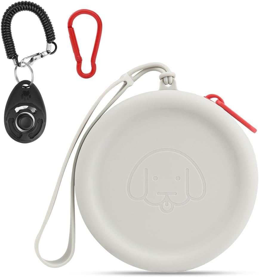 WALLFID Silicone Dog Treat Pouch Small Bag,with Pet Training Clicker,Walking Bag for Dog and Cat, Pocket Size, Easy to Clean, Odorless, Zipper Design,Moisture-proof,Travel Walking Bag (light grey)